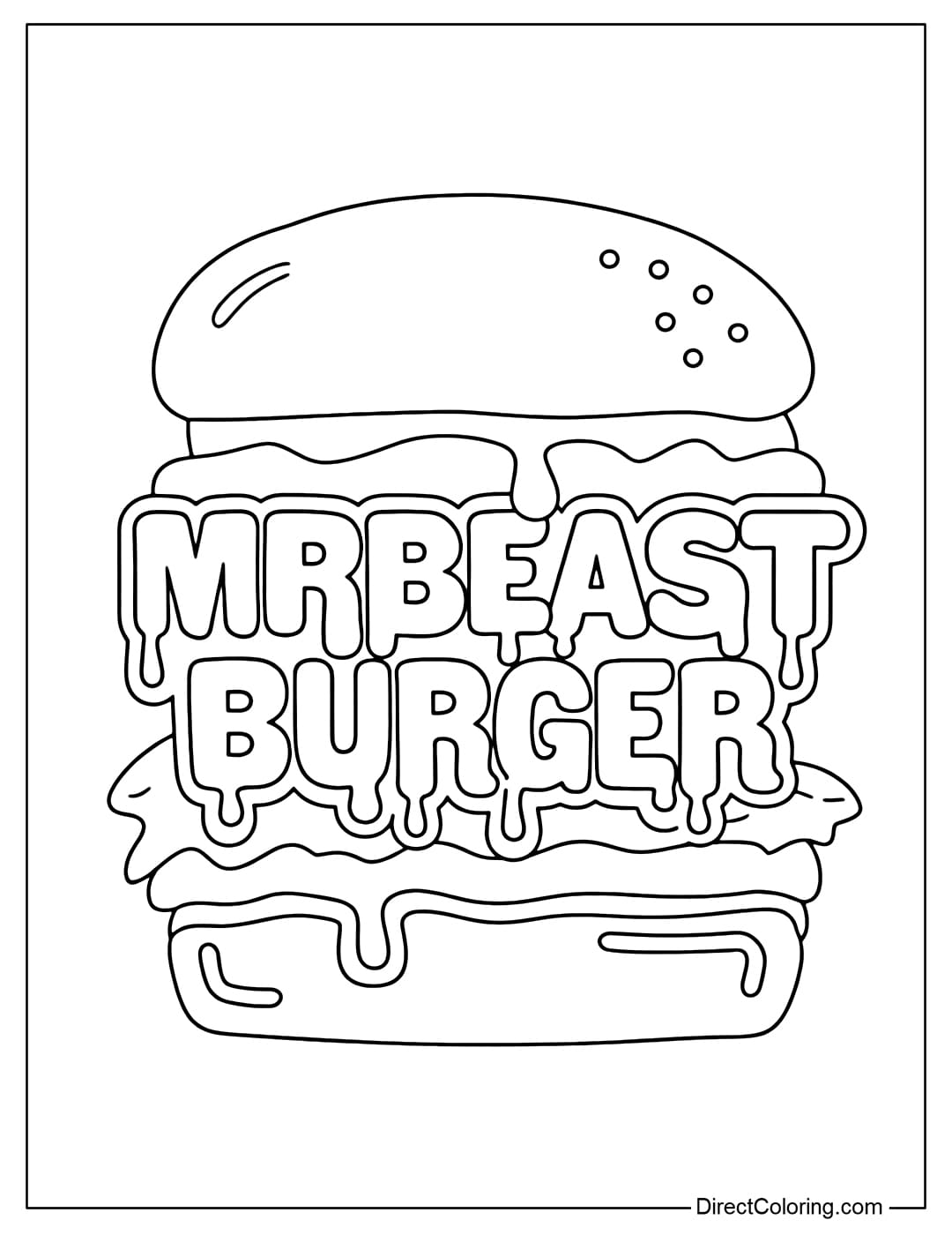 A coloring page of a giant burger with toppings inside, and the words 