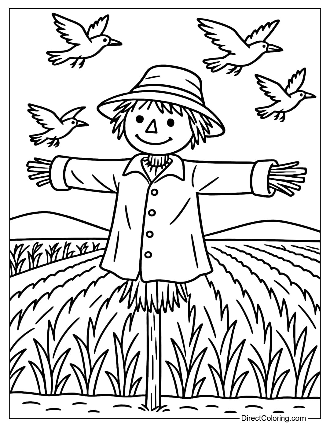 A scarecrow coloring page wearing a loose shirt, standing in the middle of a field, surrounded by a few crows flying in the sky.