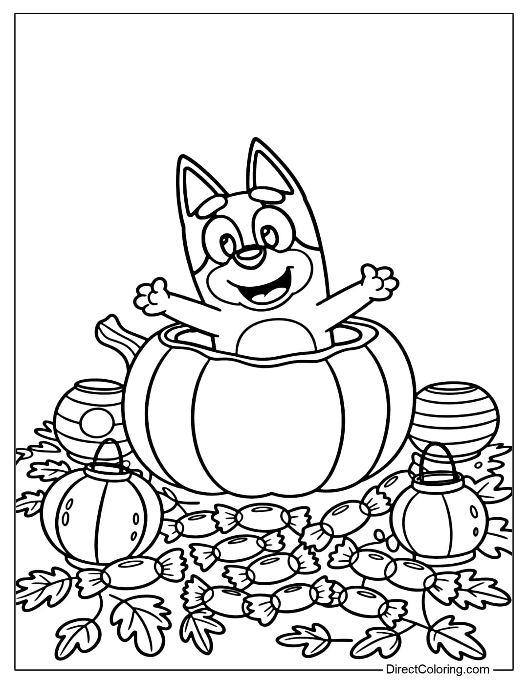 Bluey coloring page sitting in a giant pumpkin, surrounded by lanterns and candy.