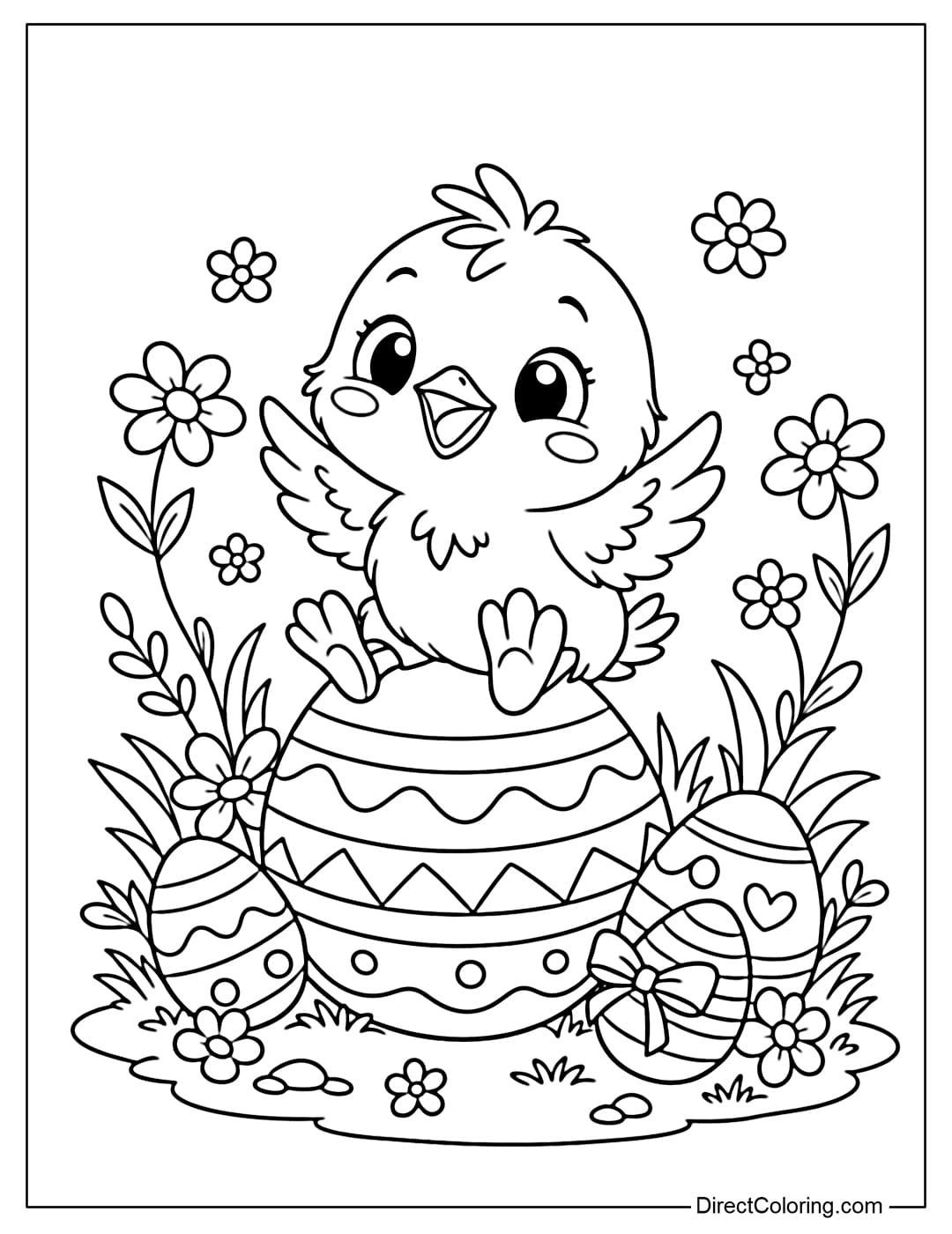 A coloring page of a chick sitting on an Easter egg with a cheerful expression and a few small flowers around it.