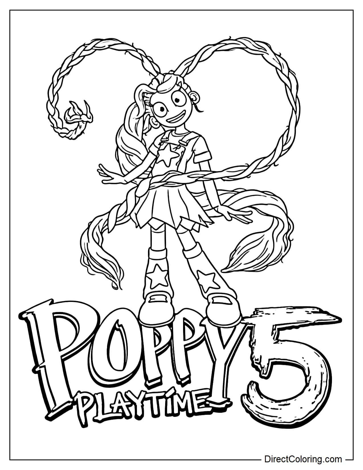 Lily Lovebraids in Poppy Playtime has two extremely long braided pigtails, an outfit with overalls and high-heeled boots with a star design, and the words 