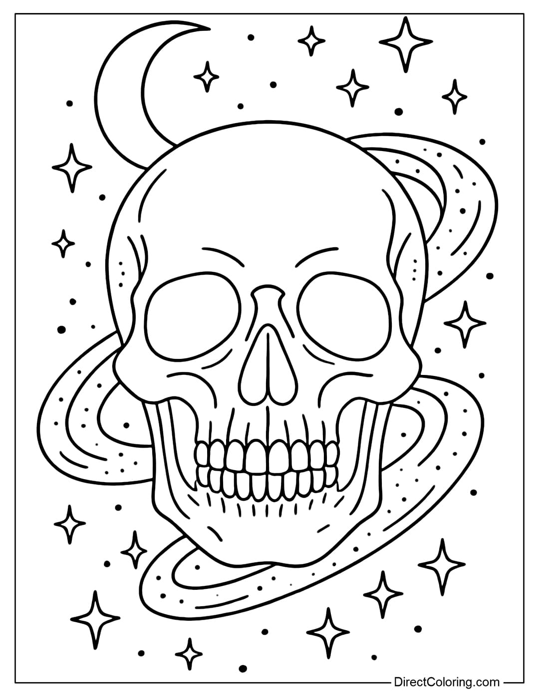 A skull coloring page that combines the moon, stars and the surrounding galaxy, evoking the mystery of the universe.
