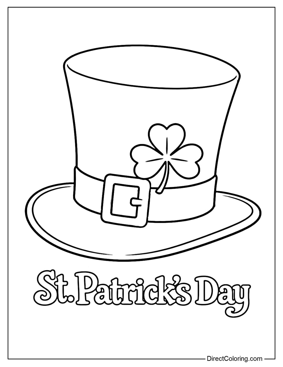 A coloring page for a St. Patrick's Day hat with a lucky shamrock and artistic lettering outline below.