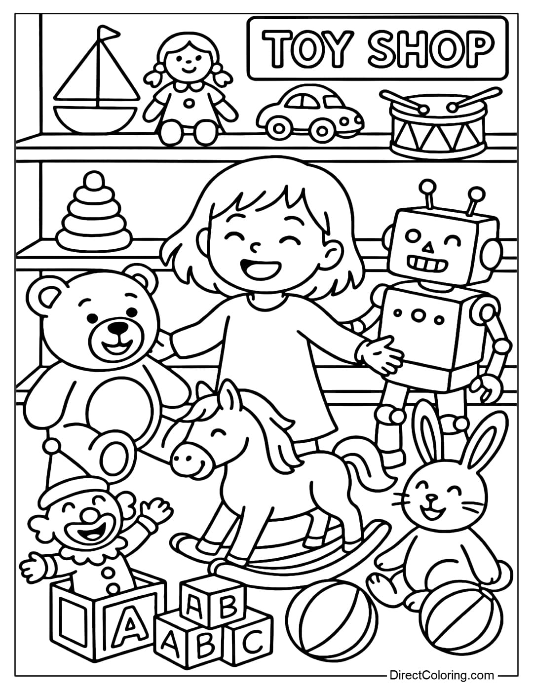 Toy Store Dreamland Coloring Page Toy store dream coloring page, every toy becomes a lively friend, laughing together in a warm space.