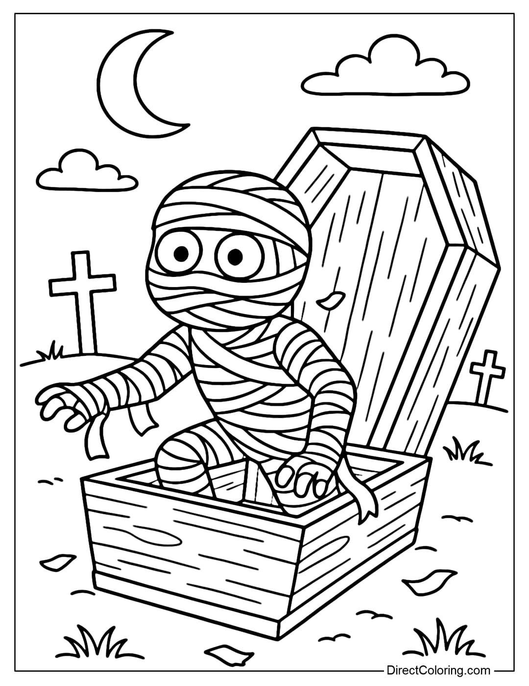 The mummy coloring page is crawling out of the coffin, some pieces of ice fall off, the scene outside the cemetery.