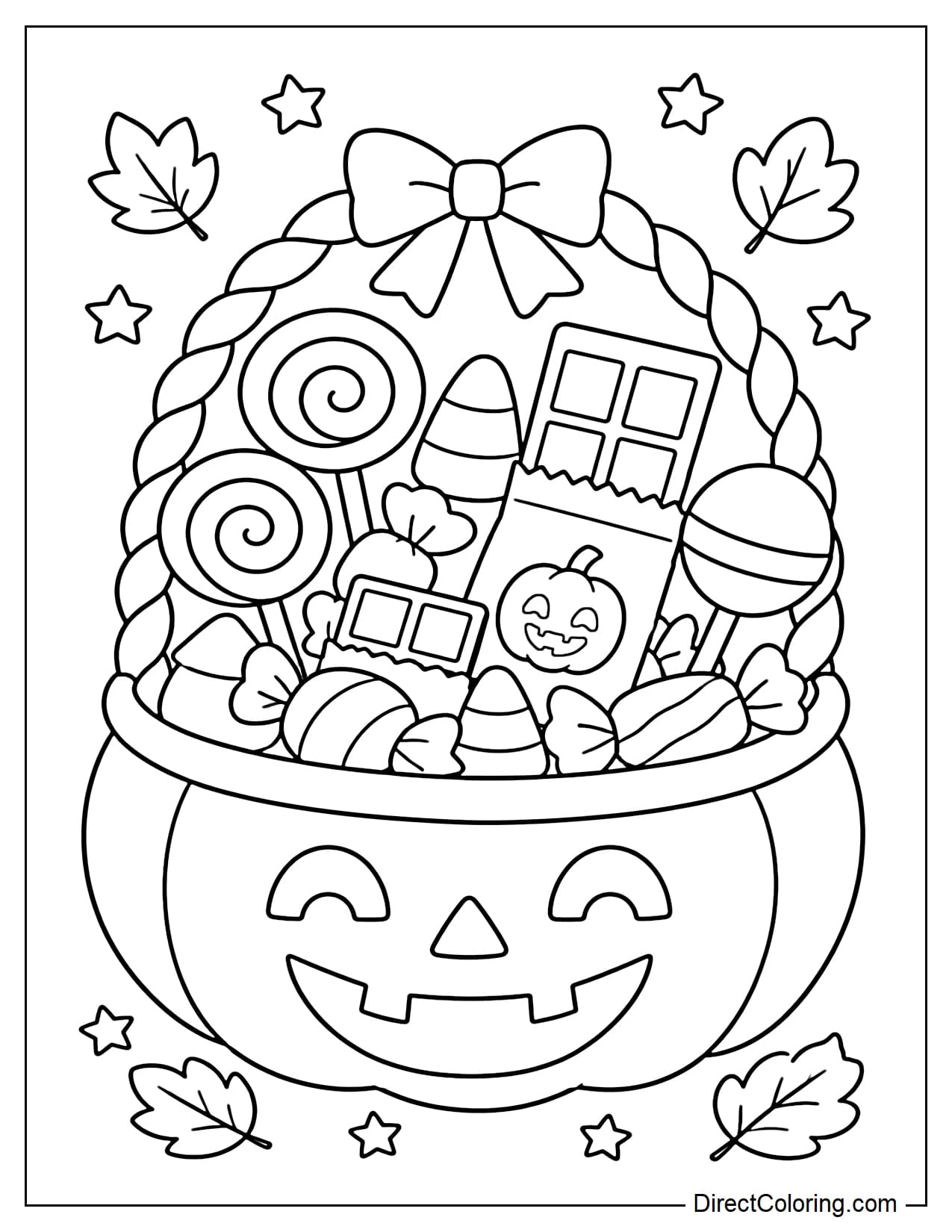 A large pumpkin-shaped bucket is filled with lollipops, candy corn, chocolate, and simple wrapped candies, with a few leaves and stars around it.