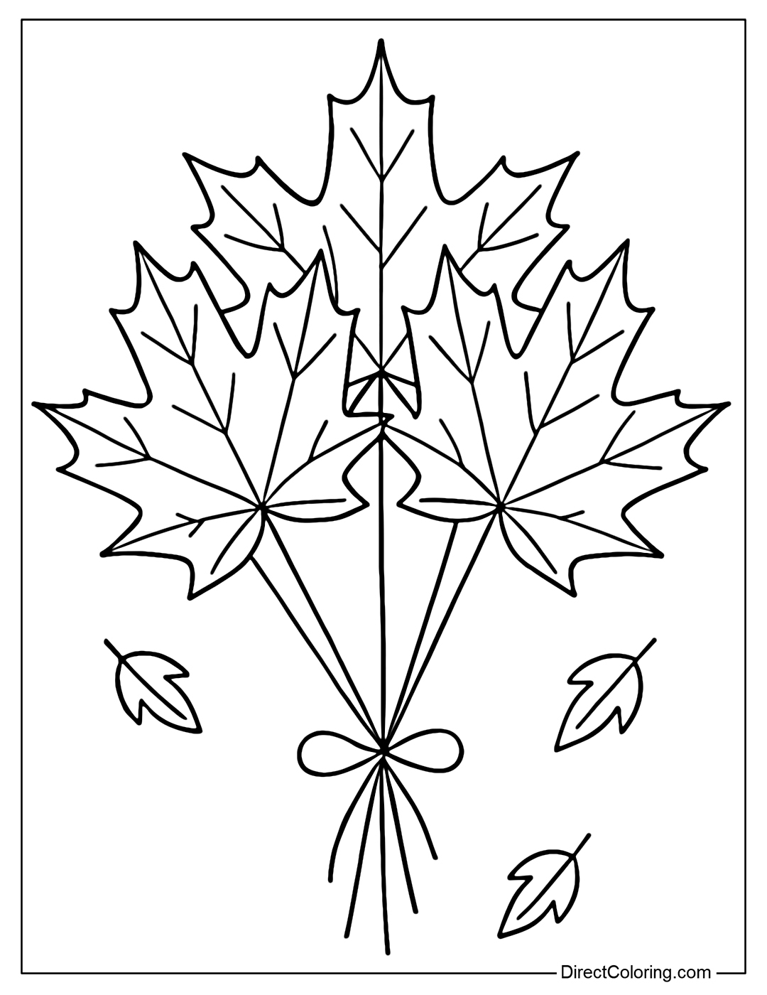 A coloring page of a bunch of maple leaves tied together into a bunch of balloons.