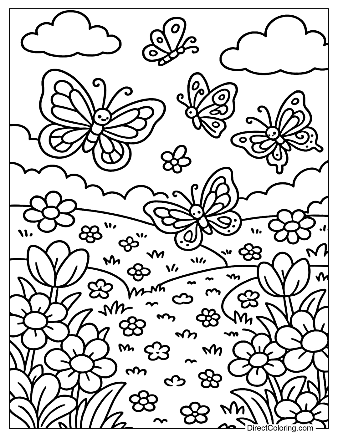 A poetic meadow coloring page stretching out, with soft light, many large butterflies with delicate patterns are flying freely among the large flower bushes