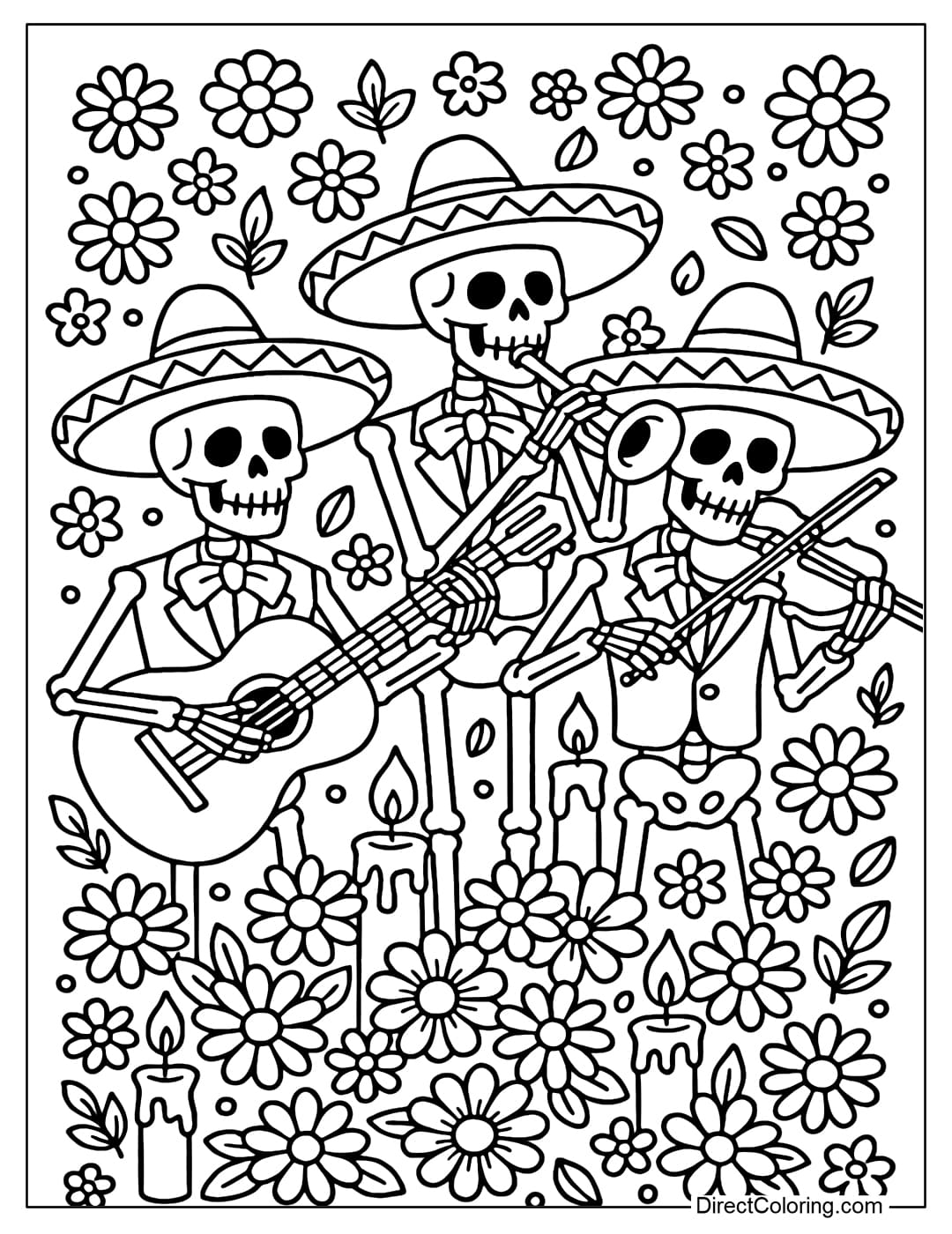 Coloring page of a mariachi band with three skeletons playing guitar, trumpet and violin in a space filled with flowers and candles.