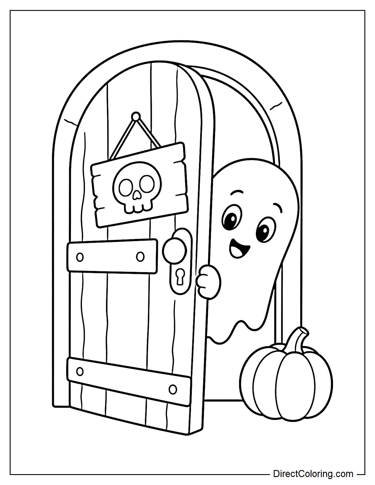 A small ghost cheerfully peeking through an old Halloween door with a small skull sign, with a pumpkin beside the doorway.