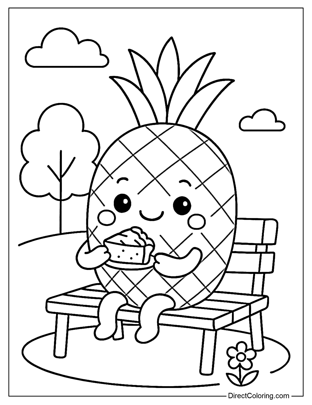 A pineapple coloring page eating cake in the park.