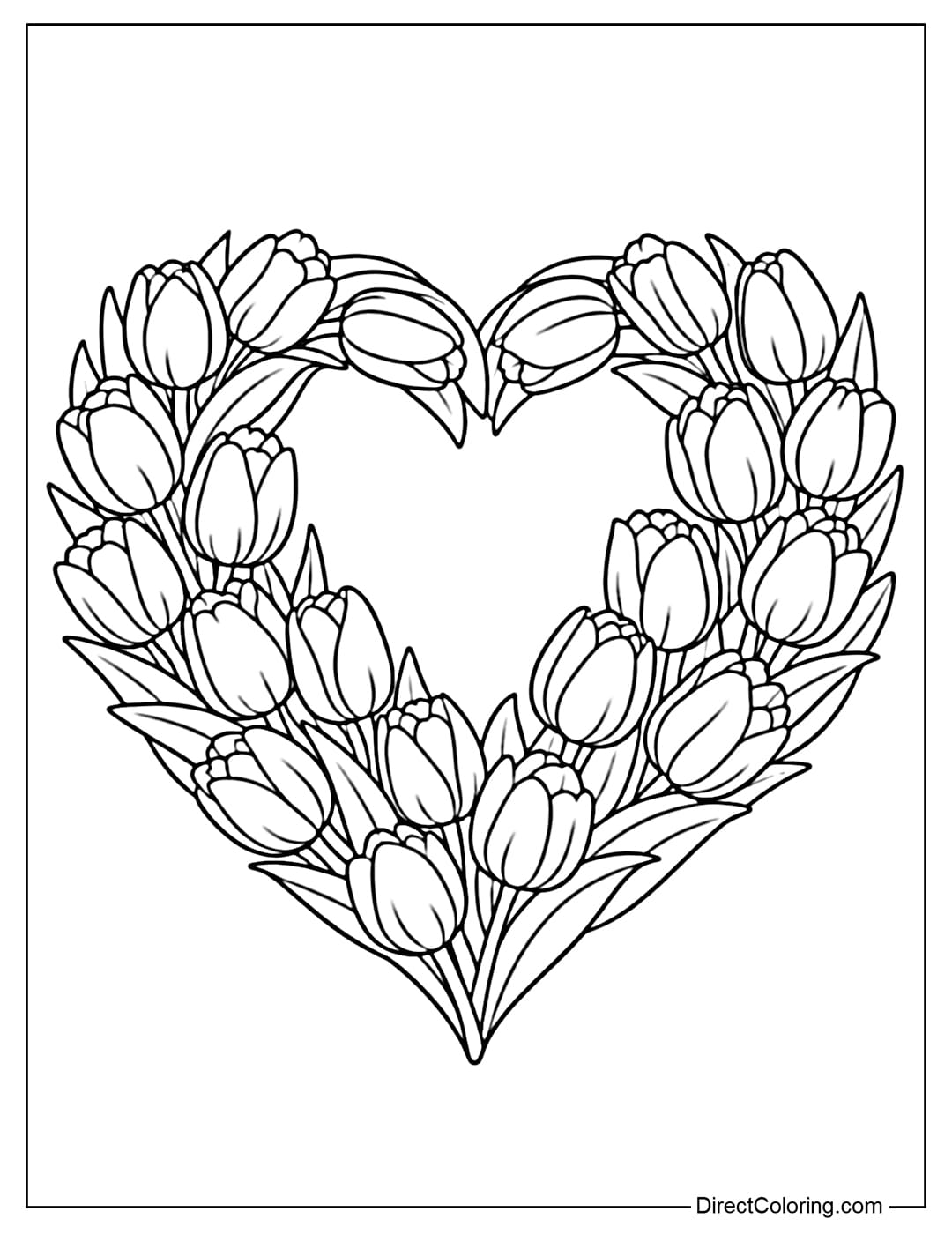 A coloring page of tulips arranged in the shape of a heart, a symbol of love and tenderness.