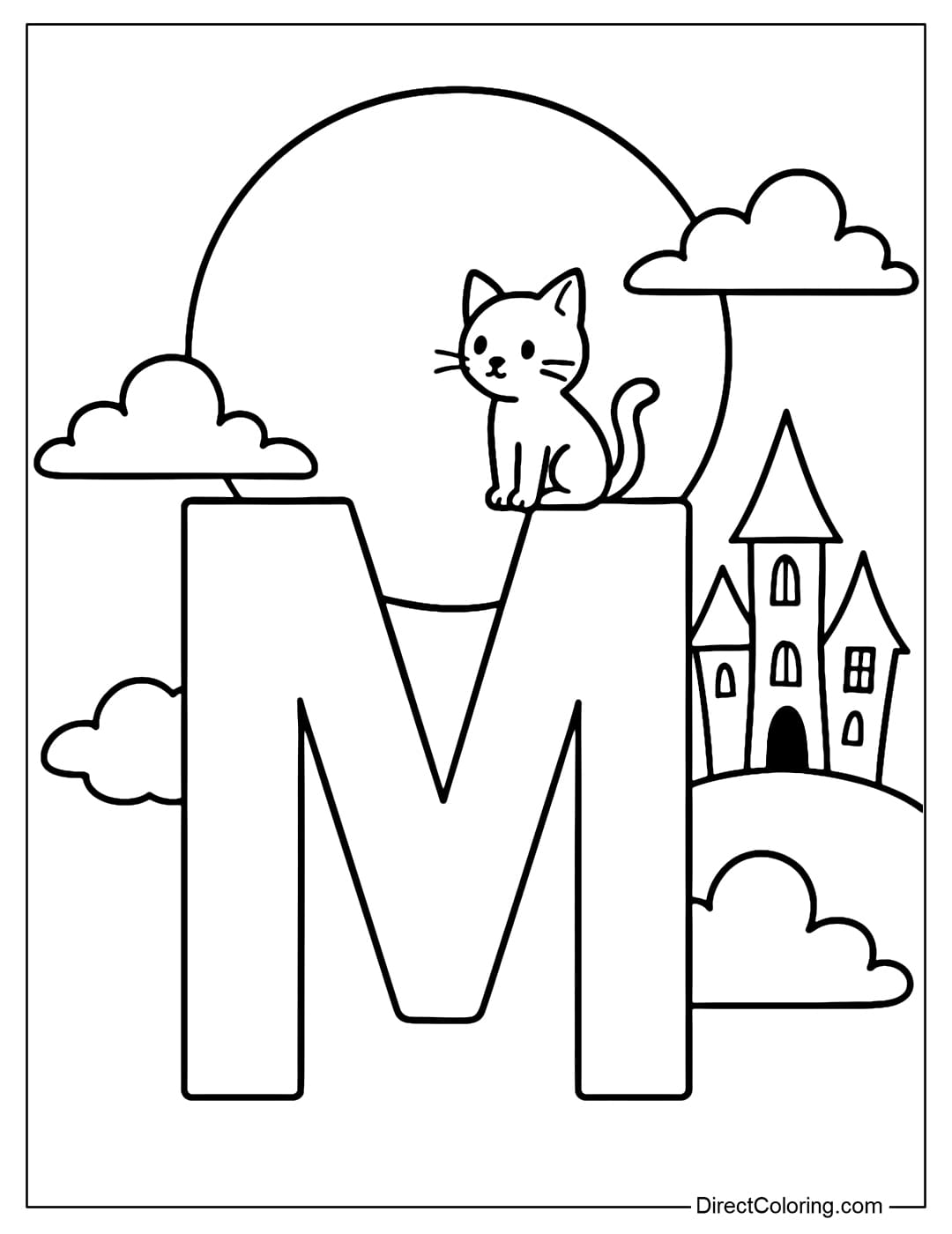 Letter M coloring page standing in the middle of a full moon scene, with drifting clouds and a haunted house in the distance. A small cat sits and watches the moon on top of the letter.