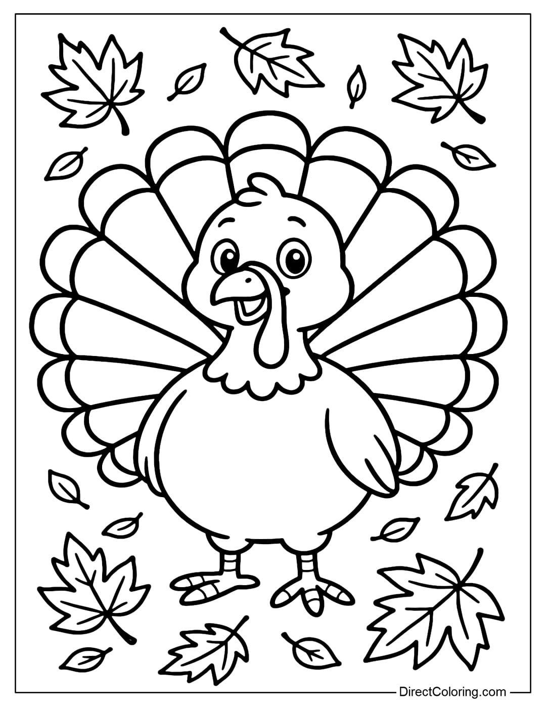 A coloring page of a cute turkey, round body, feathers spread out in a big fan shape, standing among the fallen autumn leaves around.