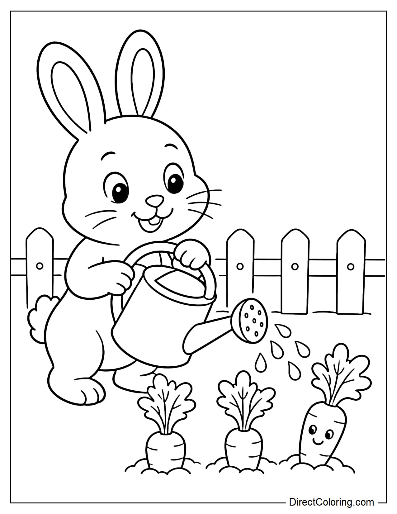 A rabbit leans slightly while holding a large watering can, gently watering three carrot plants growing in a row. One carrot has a funny face, with a low wooden fence in the background.