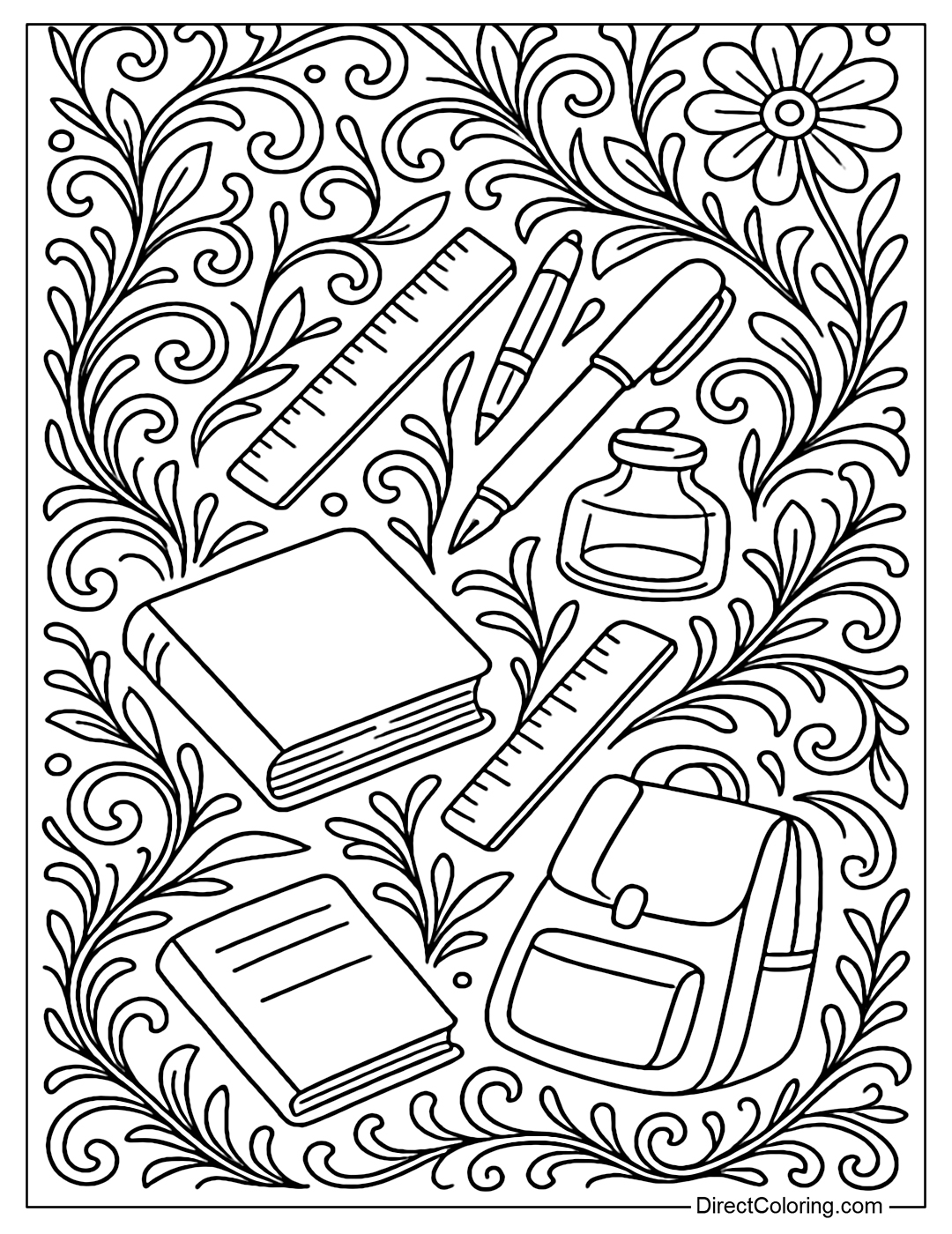 A coloring page filled with vintage school supplies and soft patterns.