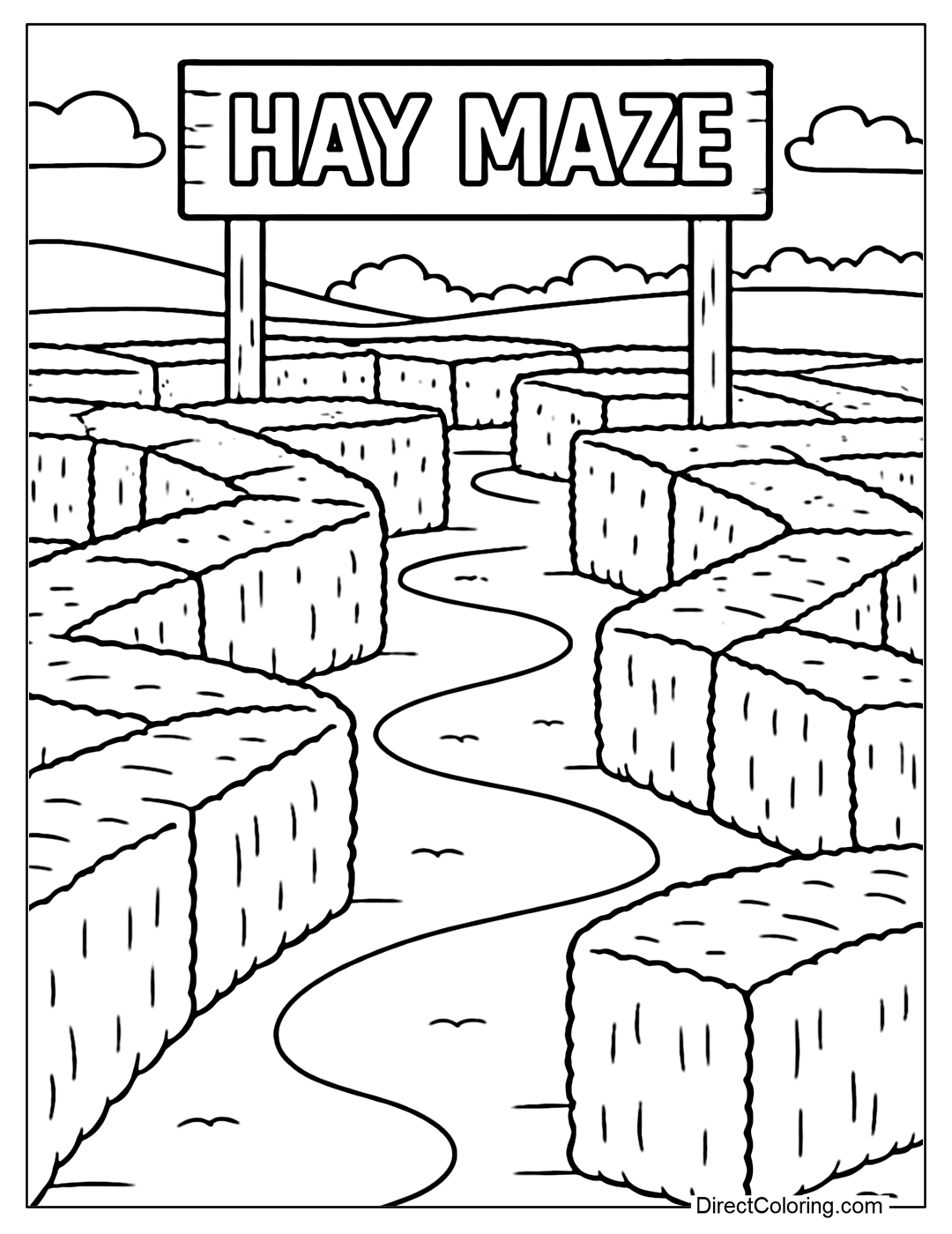 Coloring page of a straw maze, winding paths, a wooden sign HAY MAZE.