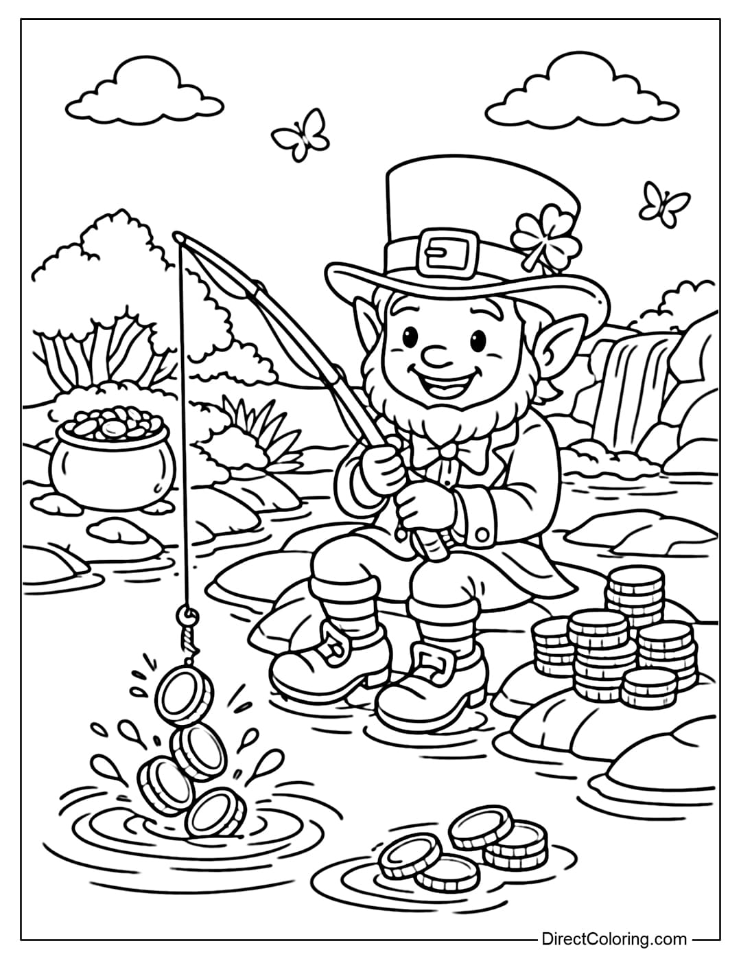 A coloring page of a Leprechaun sitting and fishing by a stream, but instead of fish, it's gold coins.