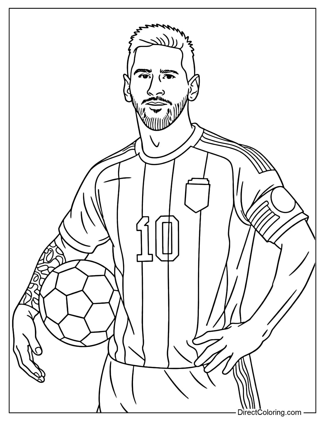 Coloring page of Lionel Messi wearing the number 10 Argentina jersey, standing upright with the ball at his side.