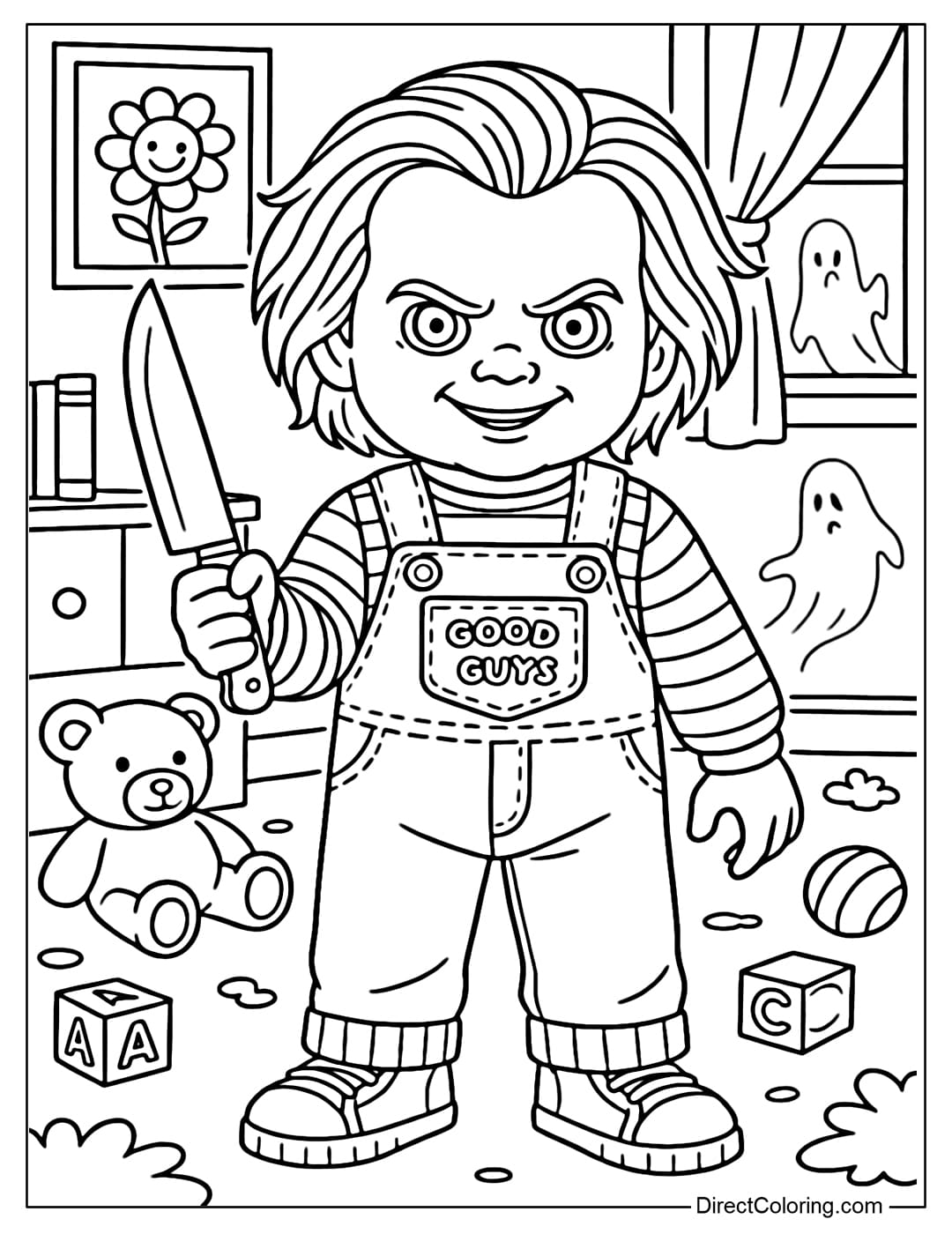 Chucky Doll Horror Coloring Page A small but scary Chucky doll coloring page, wearing striped overalls, holding a toy knife, standing in the middle of a messy children's room.