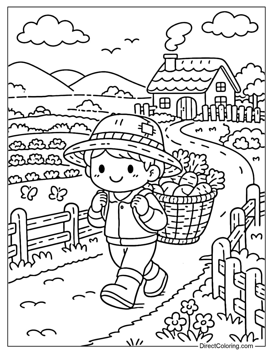 This coloring page depicts a farmer carrying a basket of vegetables from the field back home, with a village road and fence surrounding the house.