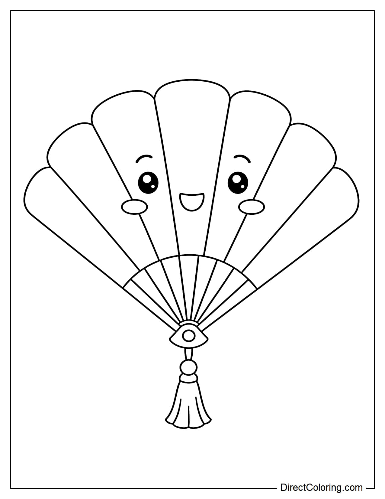 A foldable hand fan with a smiling face, the fan blades are large, rounded triangles.