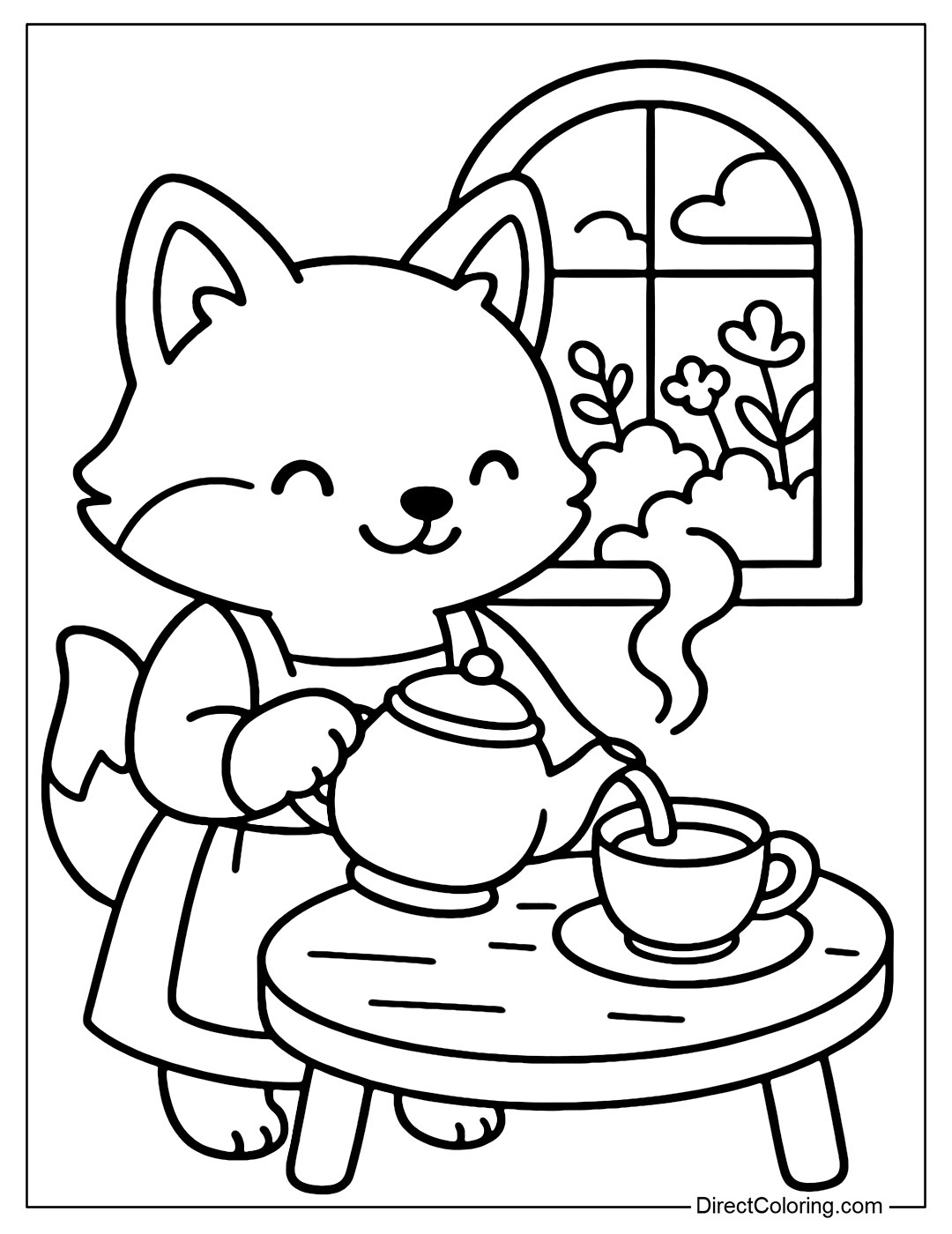A coloring page of a fox in an apron pouring tea into a cup in a cozy tea room, behind which is a window opening to the garden.
