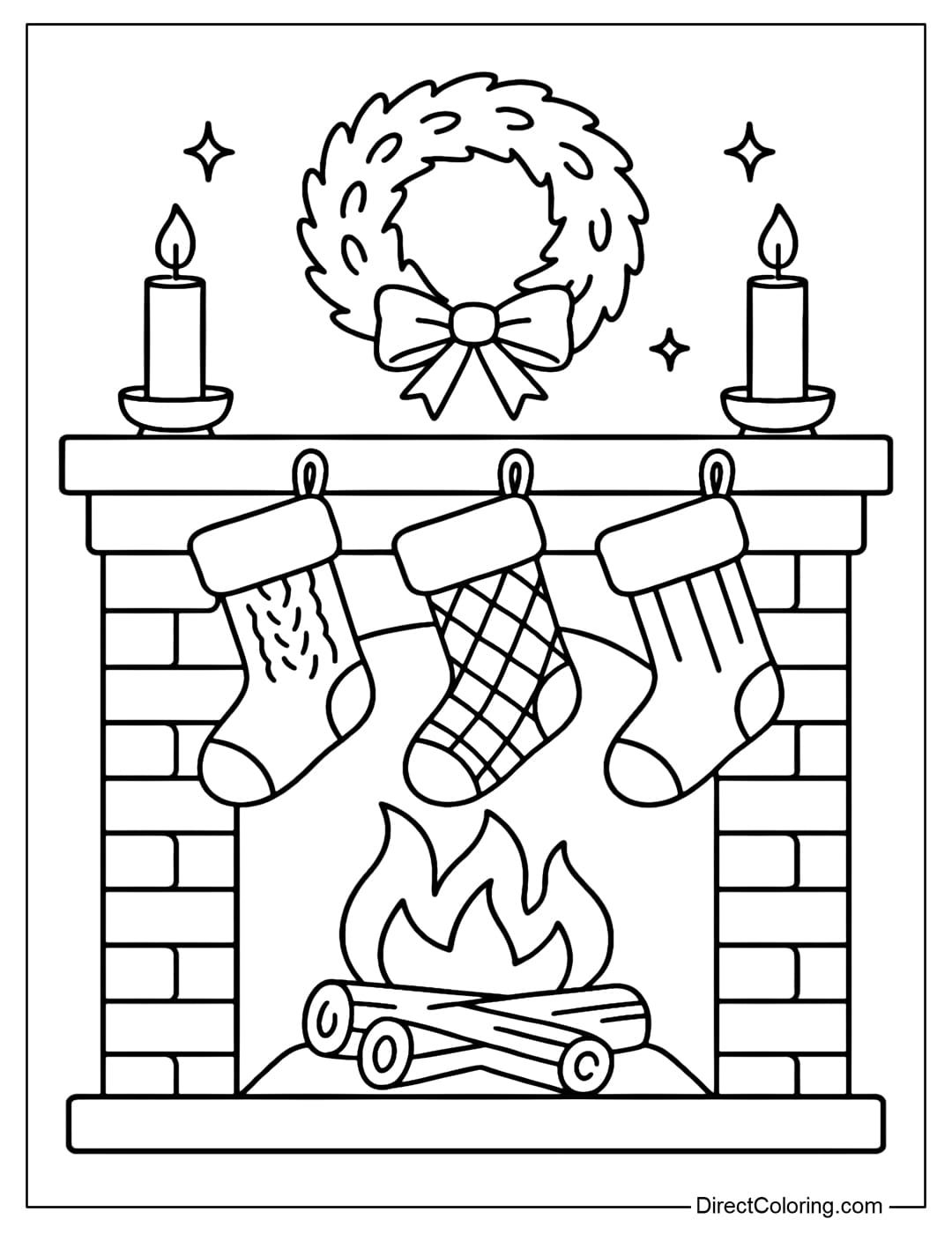 Cozy Fireplace Stockings Coloring Page Coloring Page Three stockings hang in front of a blazing fireplace, with a wreath and candles above them.