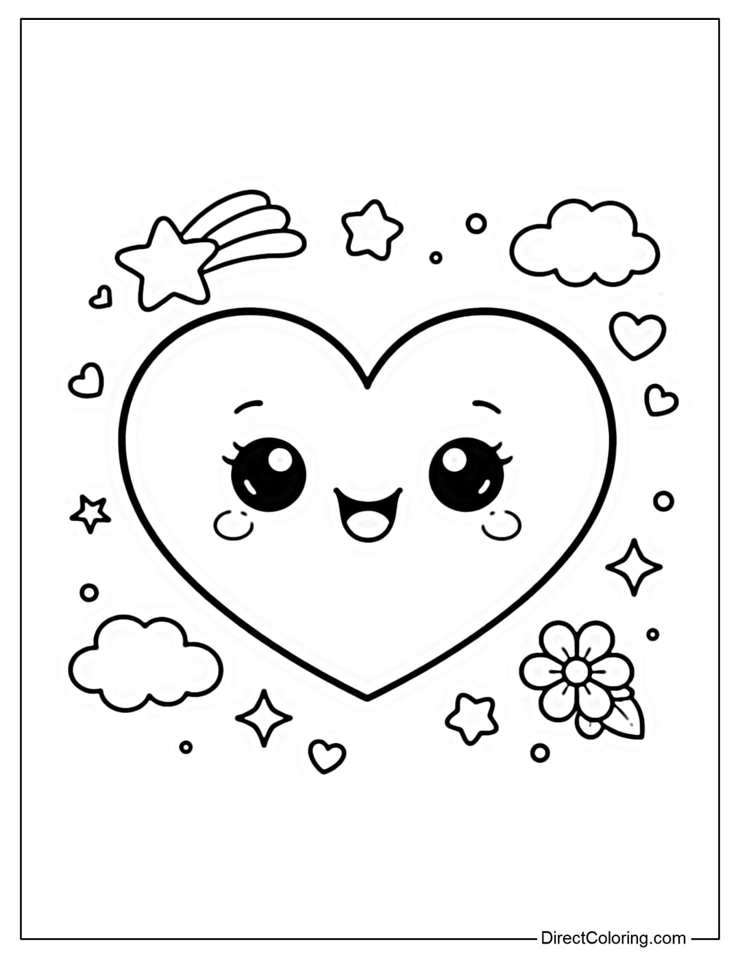 A heart coloring page featuring a happy face surrounded by details like clouds, stars, and flowers.