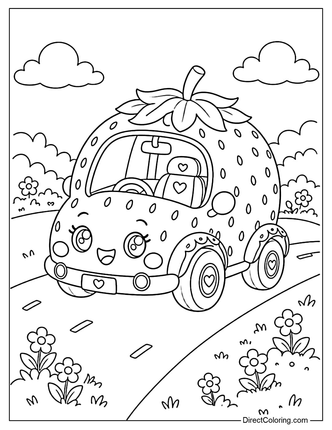 A coloring page of a car with a cute strawberry-shaped body.