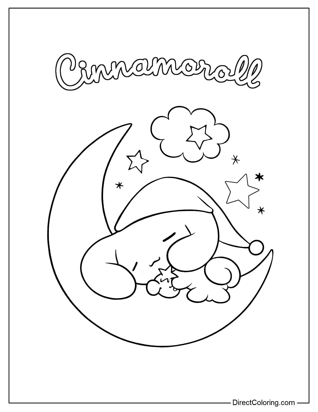 A cute Cinnamoroll coloring page with a sleeping on a crescent moon, wearing an adorable sleeping hat, surrounded by sparkling clouds and stars.