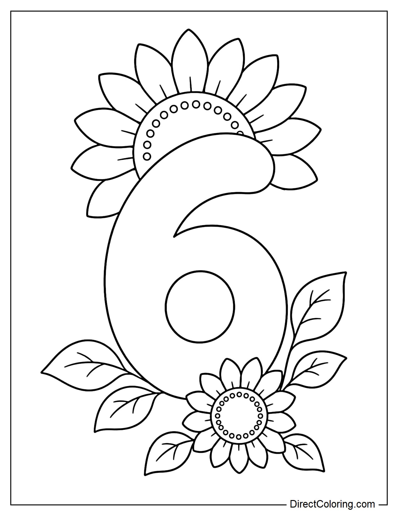 A large, simple number 6, with a sunflower peeking out from behind the top of the number, and a small, slightly off-center sunflower in front of the number's base, interspersed with a few simple leaves.