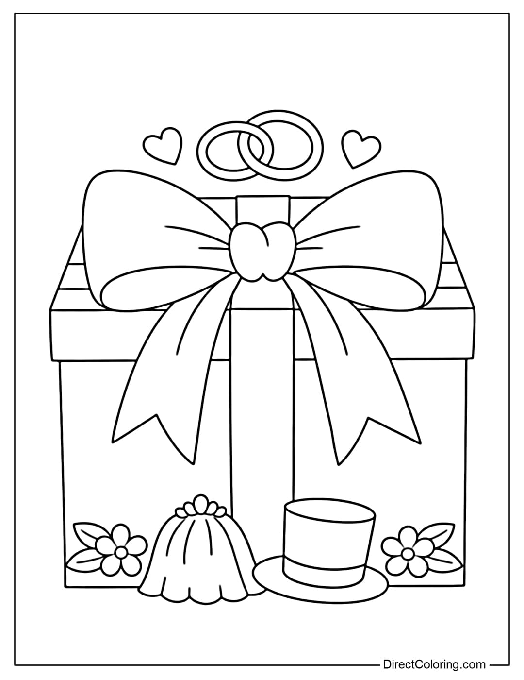 Coloring page of a wedding gift box tied with a large bow, a wide coloring area, easy to color.