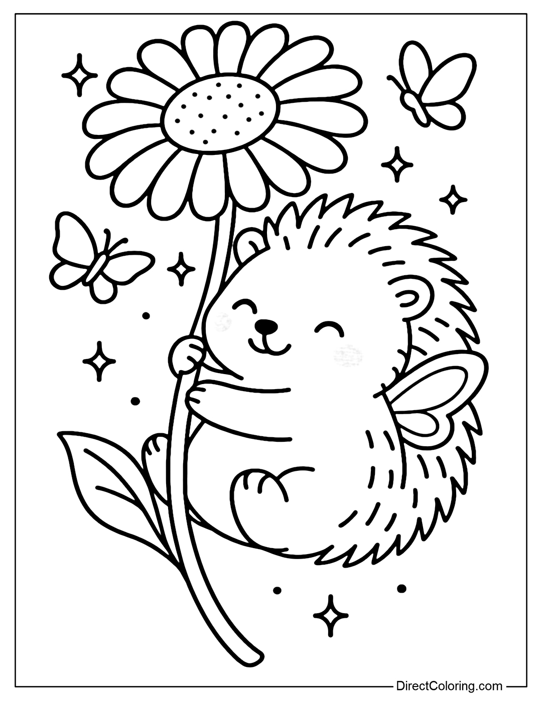 A little hedgehog coloring page with fairy wings, hugging a giant daisy, surrounded by shimmering lights and flying butterflies.