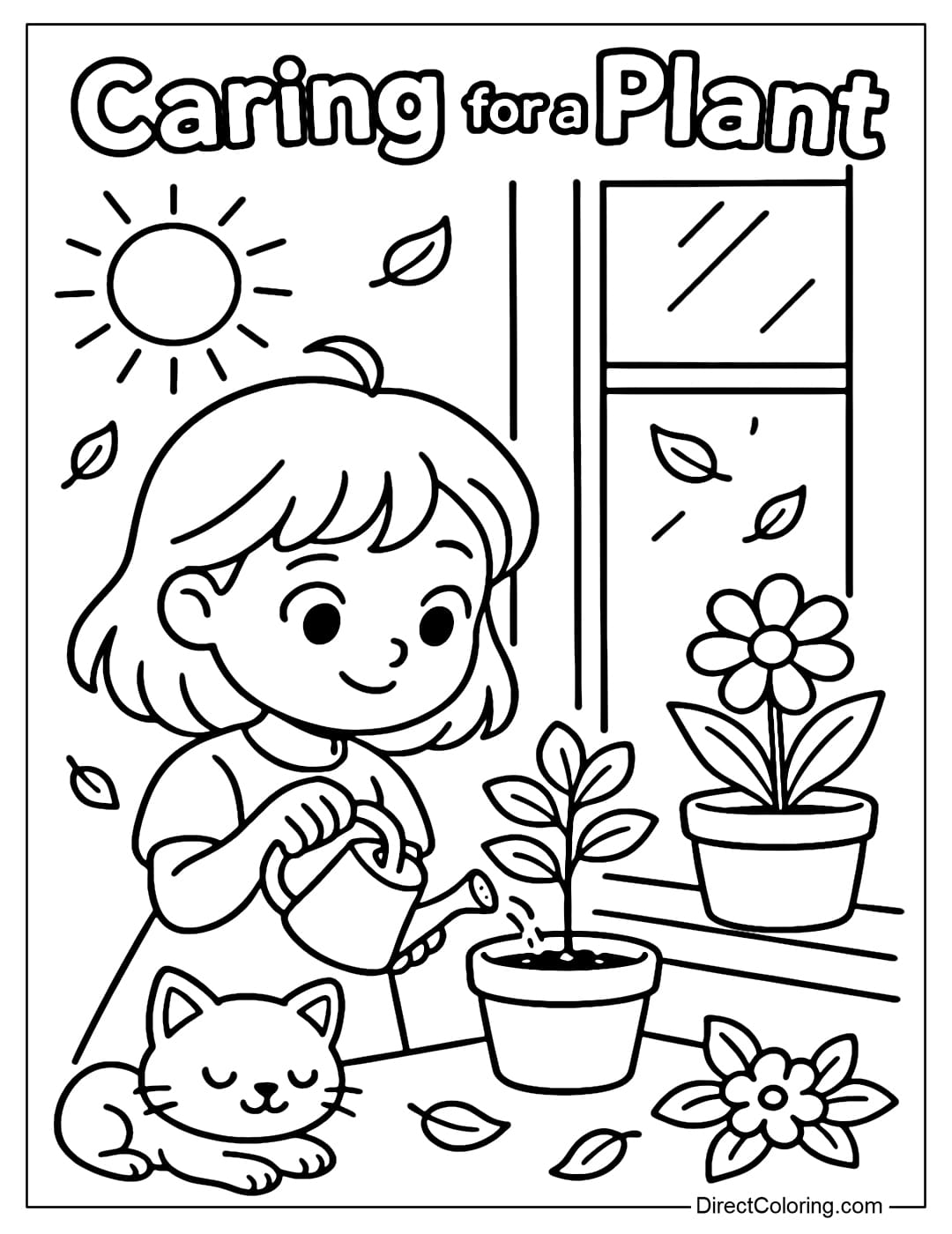 A coloring page of a girl gently watering a small potted plant by the window.