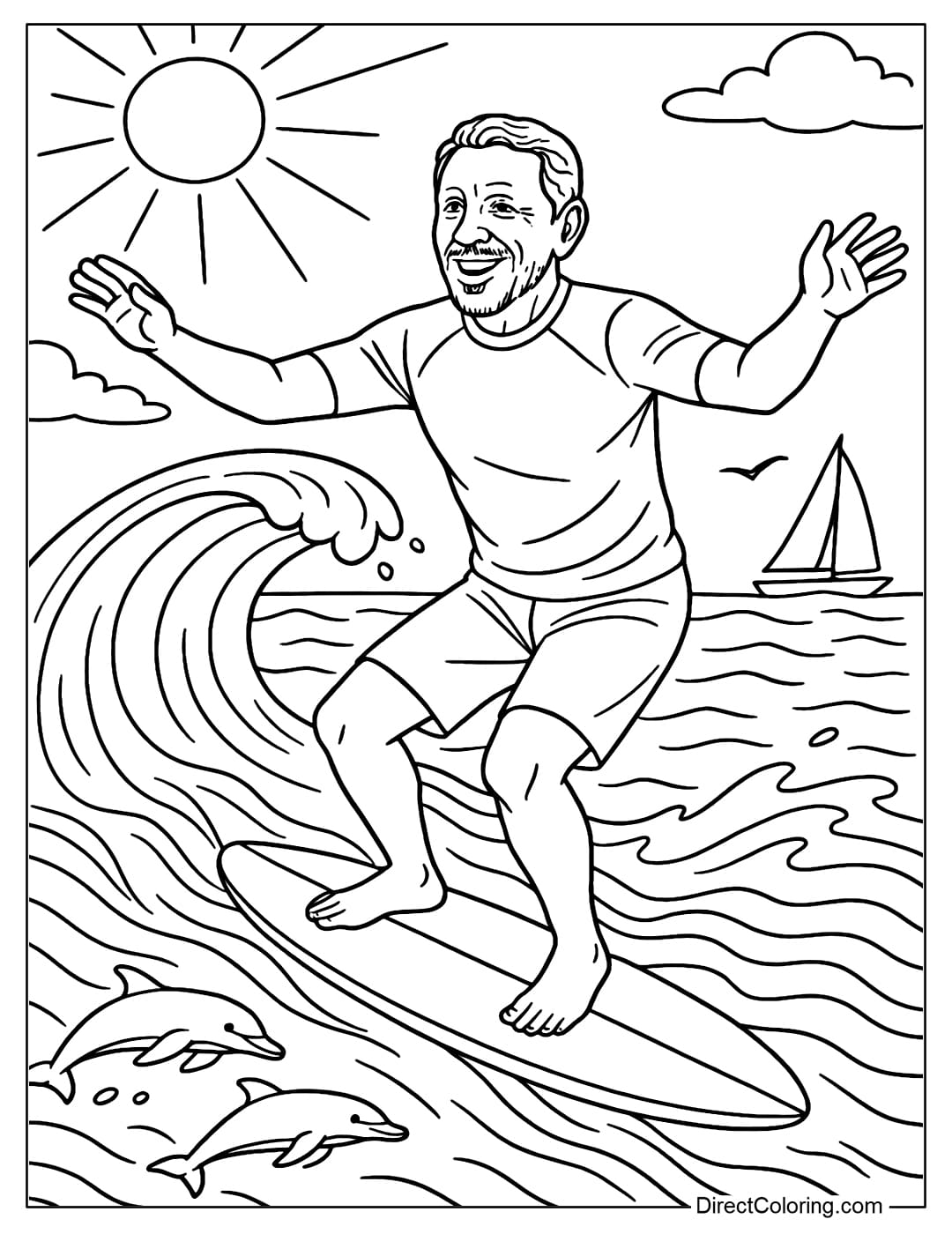 Larry Ellison Surfing the Waves Coloring Page Larry Ellison coloring page surfing on a high wave, his face beaming.
