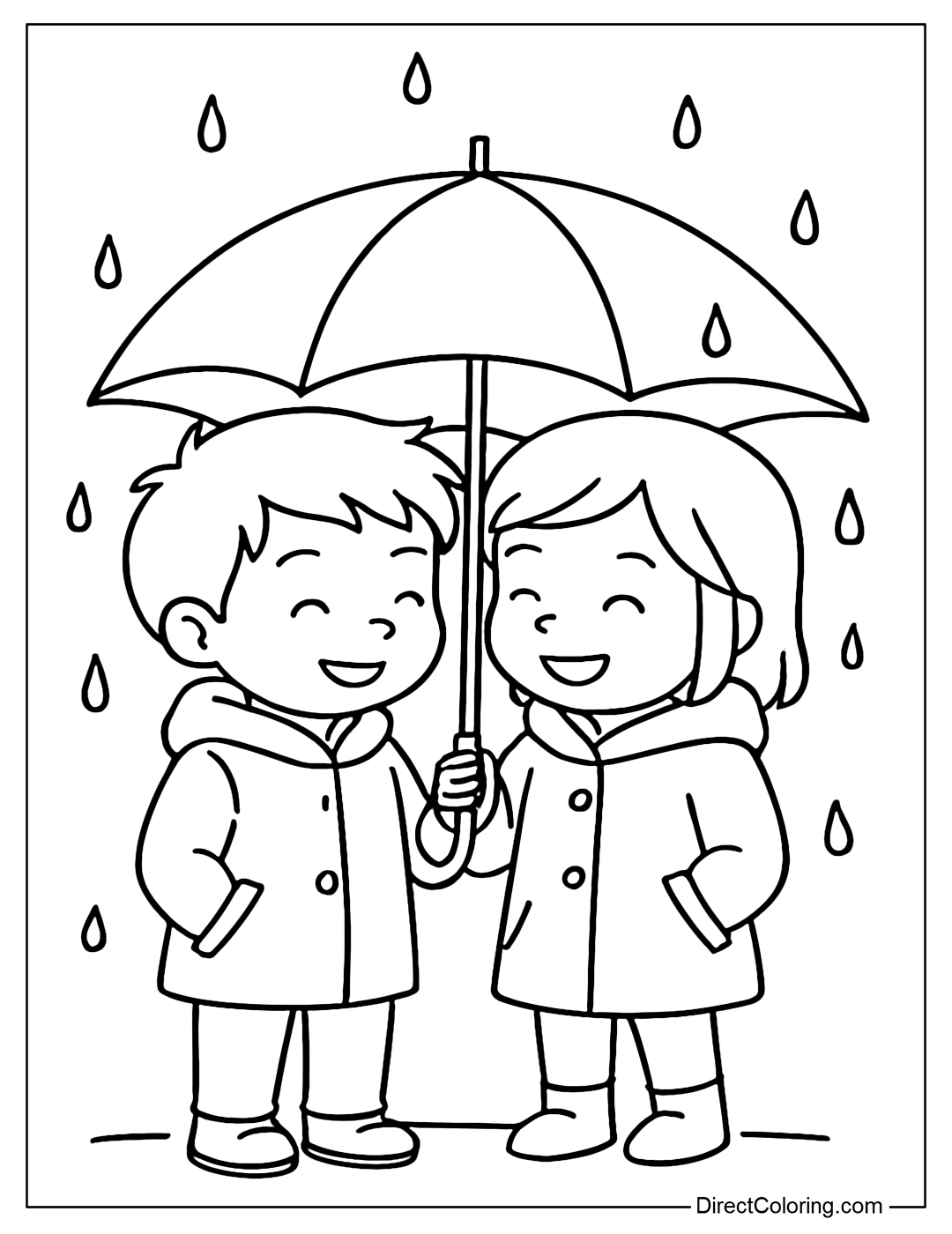 Coloring page of two children sharing an umbrella in the rain, wearing warm coats, with a few drops of water falling gently.