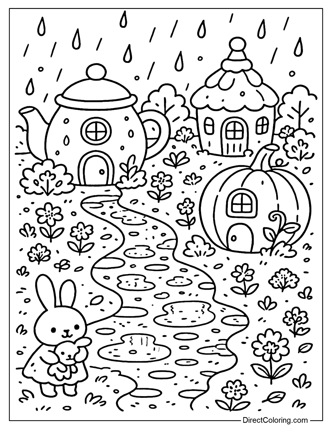 A quaint village coloring page with many houses shaped like teapots, cupcakes or pumpkins; rain falls everywhere, flower bushes and small trees sway; the stone-paved village road has a reflecting pool.