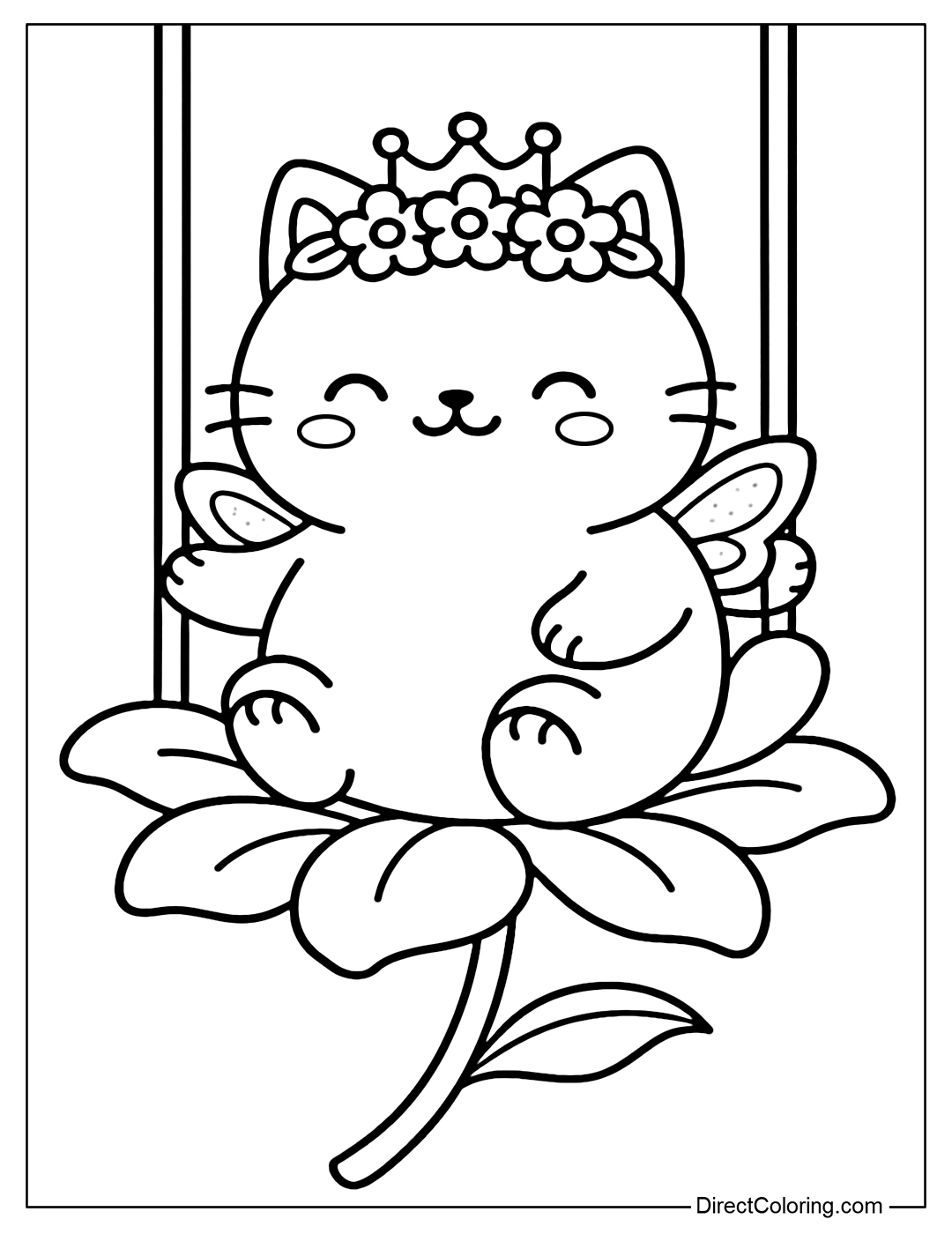 A cute fat kitten coloring page wearing a flower crown, with tiny fairy wings, swinging on a swing made of large flower petals.
