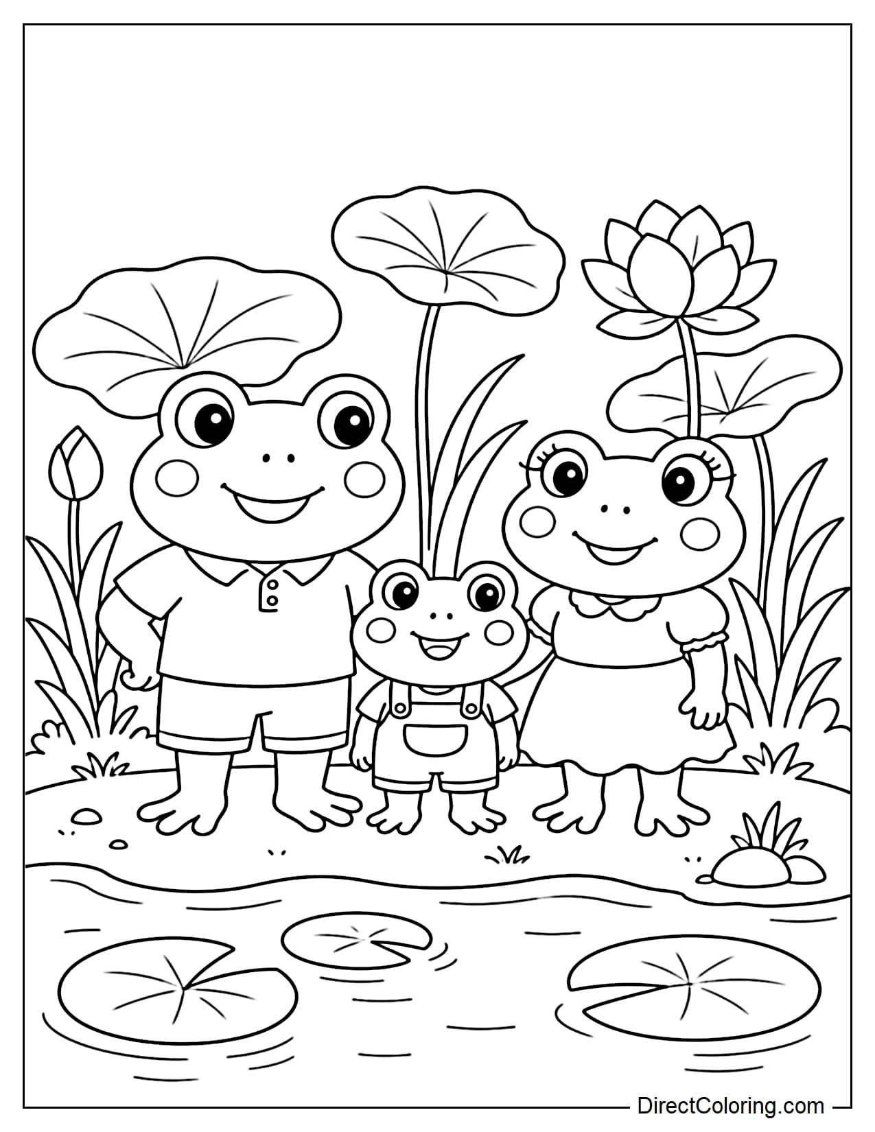 A frog family, consisting of a father frog, a mother frog, and their baby frog, stands together by the pond, with lotus leaves, grass, and water in the background.