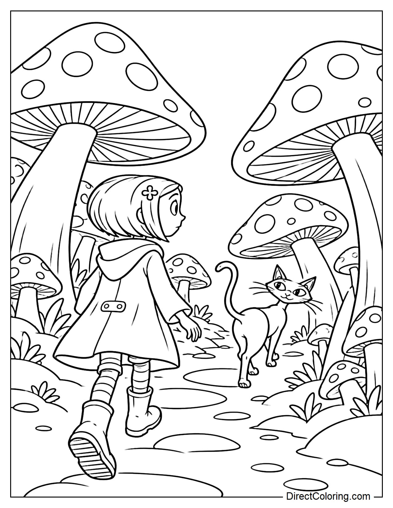 Coraline follows the cat through a cluster of whimsical mushrooms nearly as tall as she is, while the cat looks back at her and several large mushrooms lean inward to form a path.