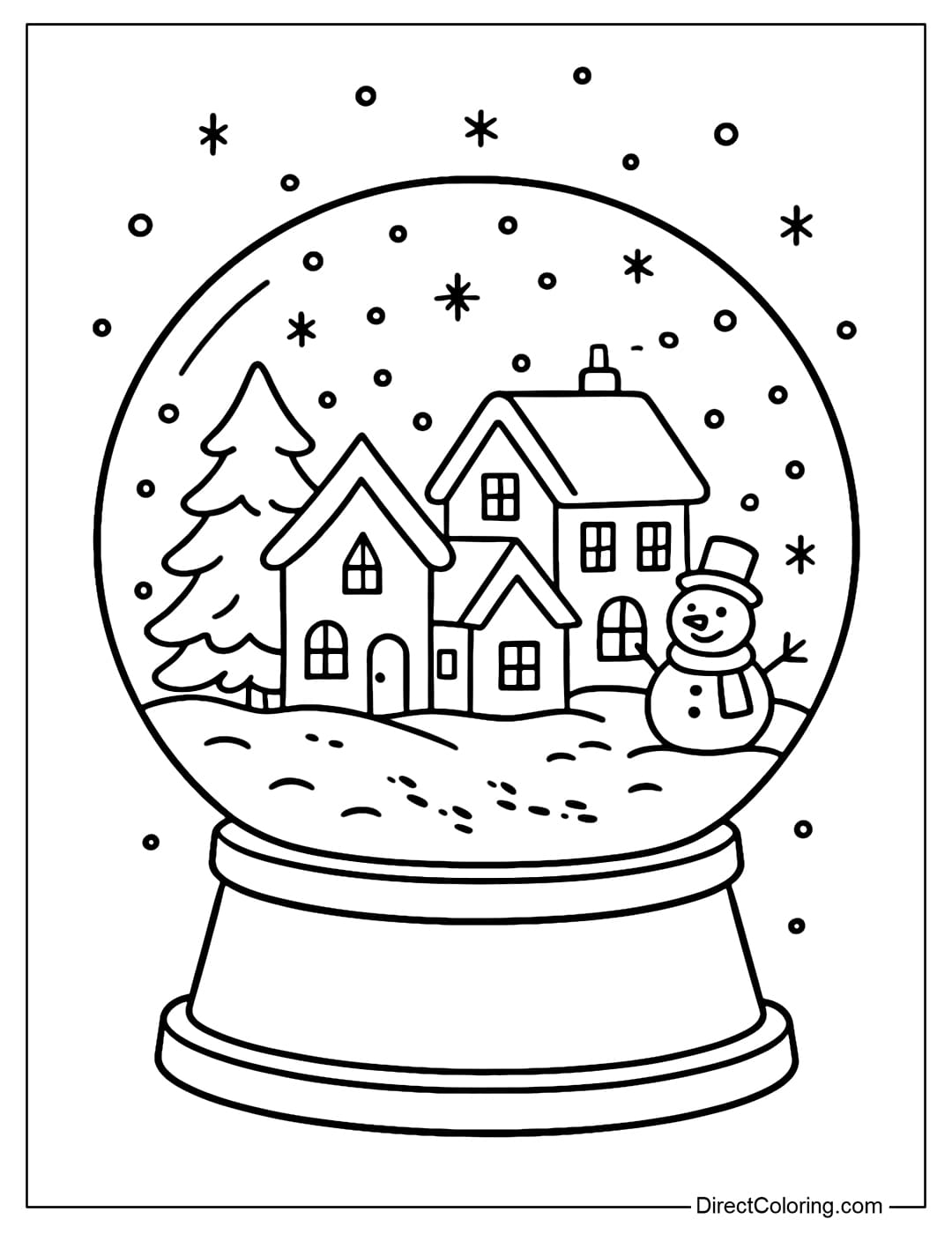 A coloring page of a magical snow globe with a small village, a pine tree, a snowman, and lights inside.