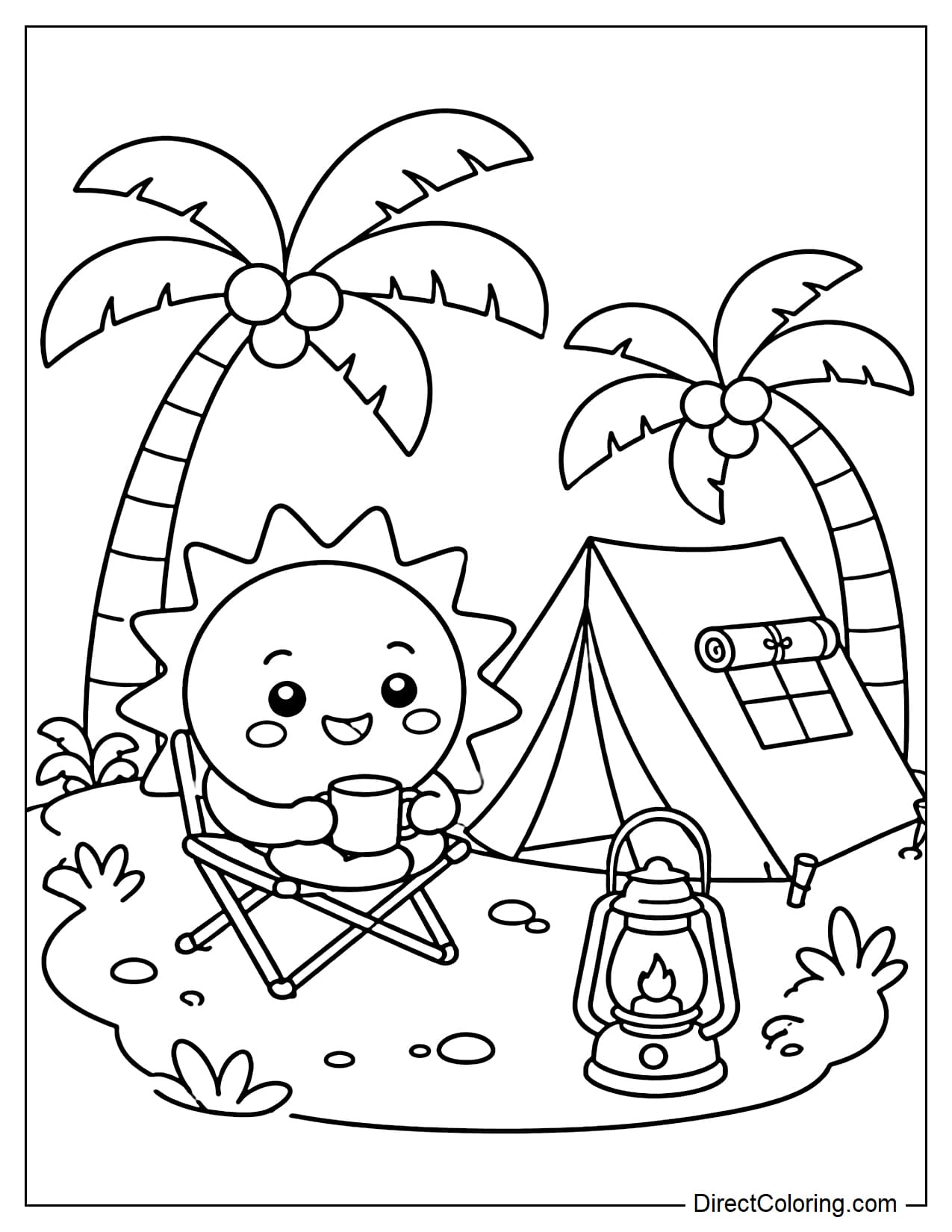 A lovely sun is camping under small palm trees, with a tent and lantern beside it.