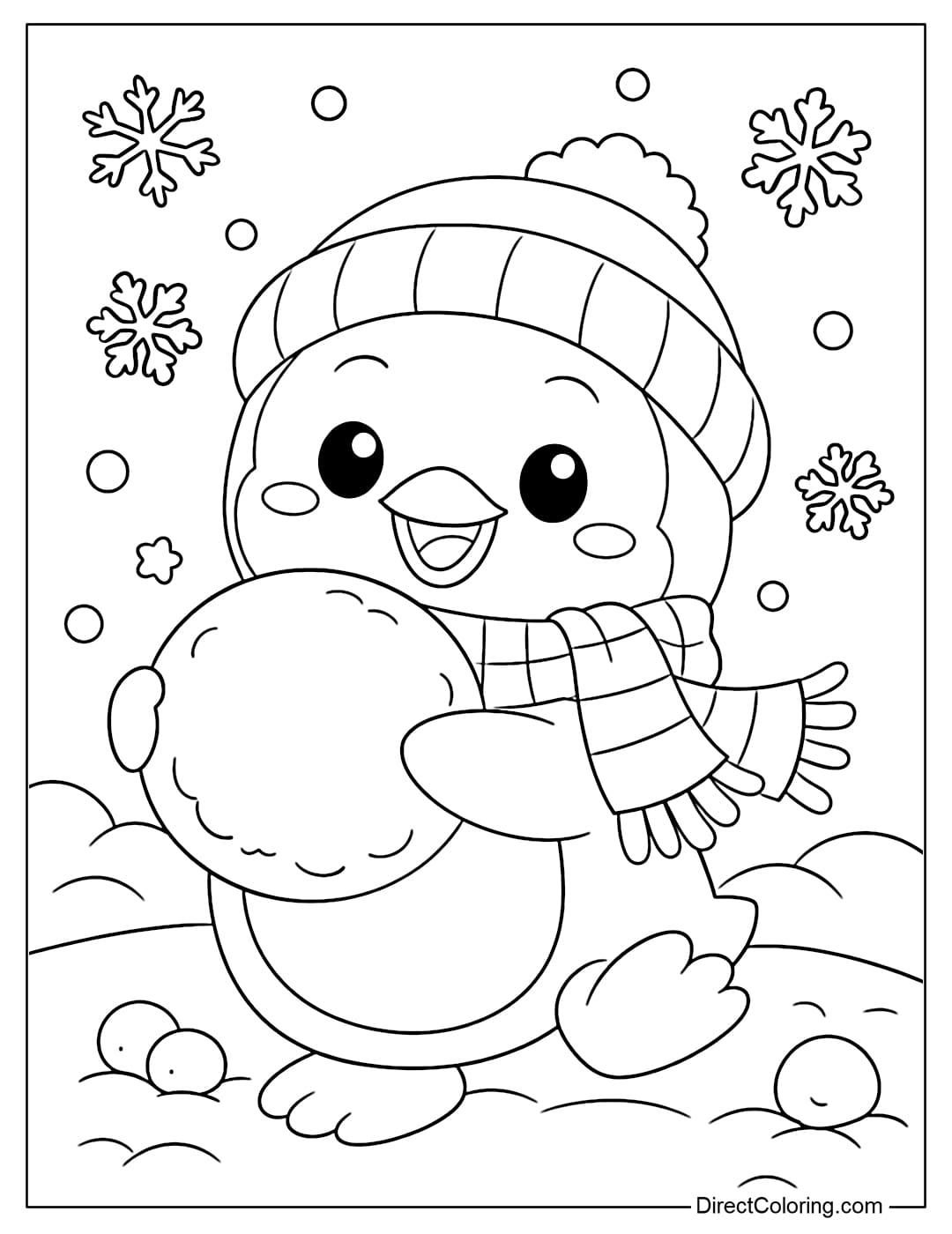 A coloring page of a penguin holding a round snowball, standing in a cheerful pose.