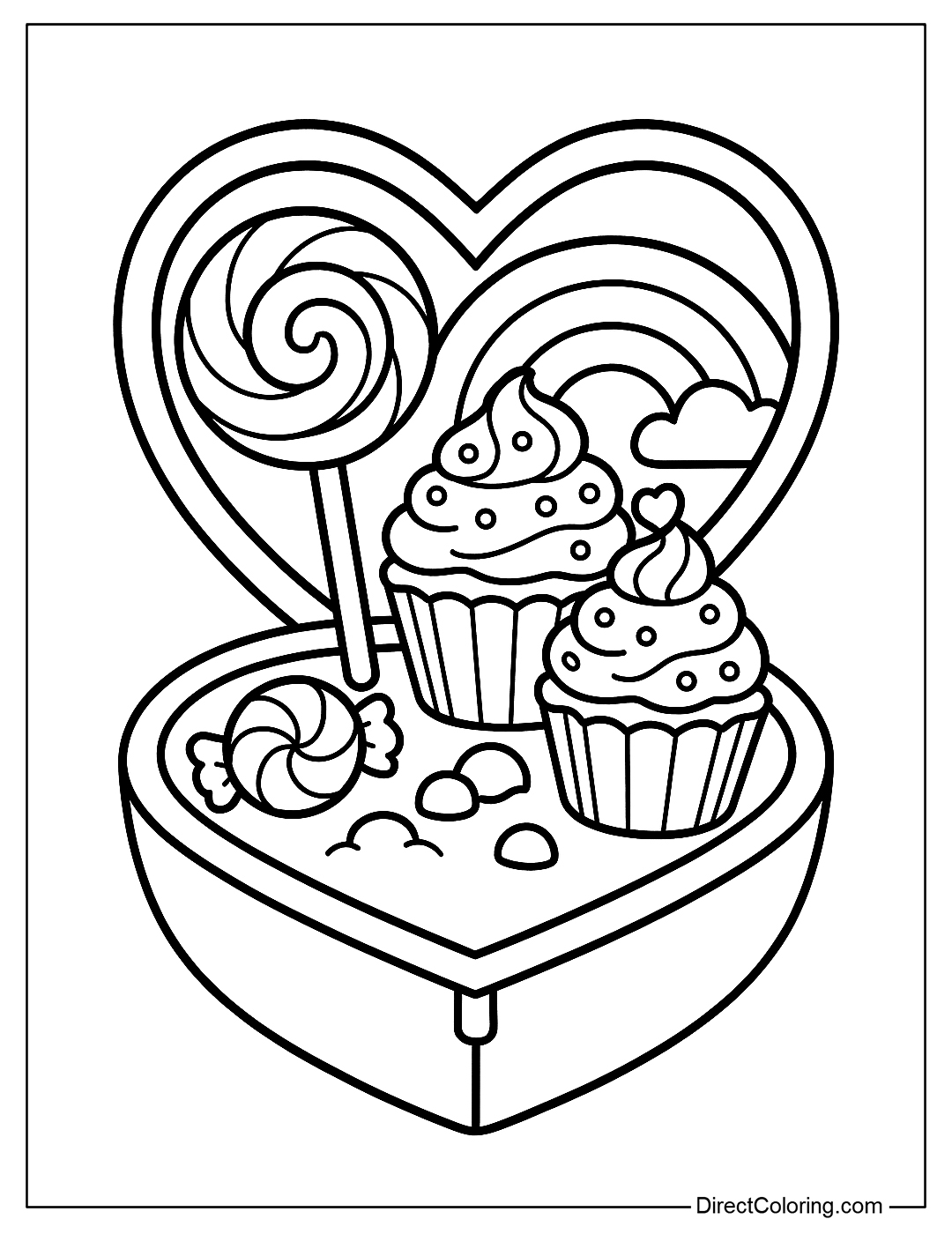 a Heart Compact Coloring Page that opens up a world of sweets: lollipops, cupcakes and rainbows