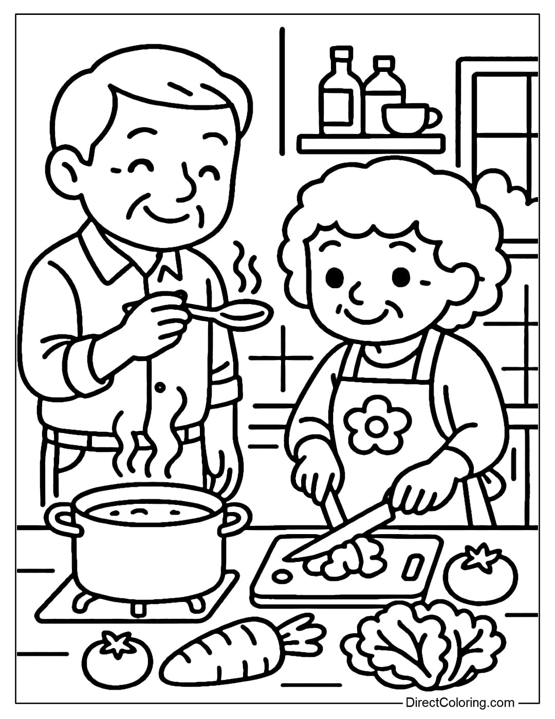 Coloring page of grandparents cooking together in the kitchen, grandmother cutting vegetables, grandfather tasting the food.