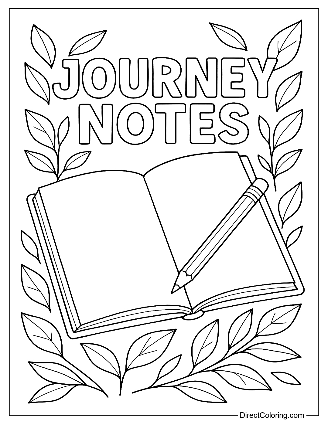 a coloring page of a travel journal, complete with pencils and decorative leaves