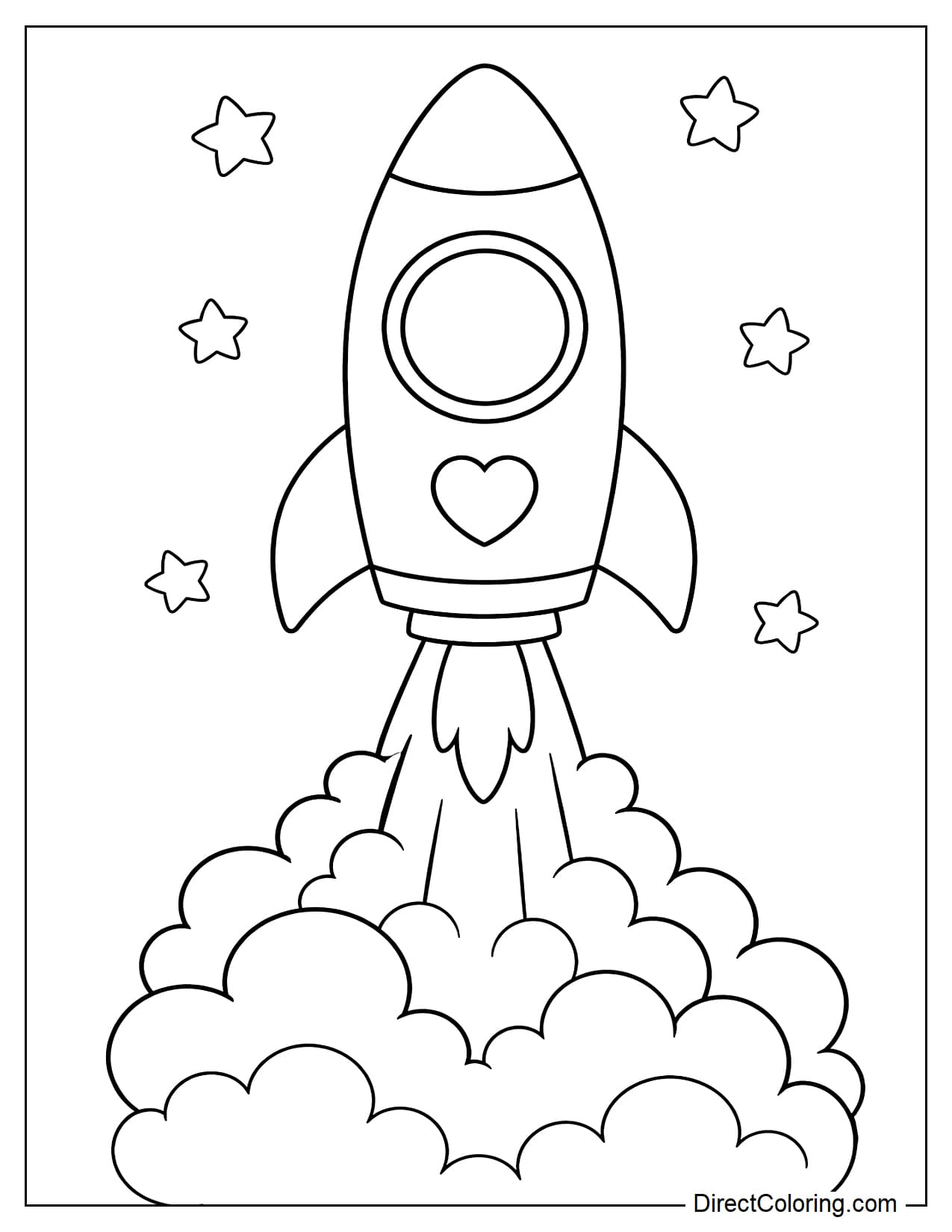 A rocket blasting straight up into the sky, with large rounded clouds of smoke below and a few small stars around it.