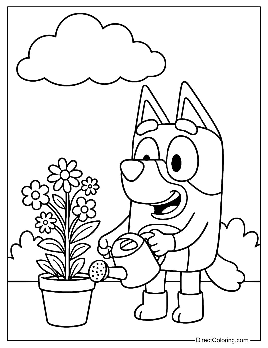 Coloring Page Bluey holding a watering can, there is a flower pot with many flowers of many types, 2 bushes, a big cloud above.