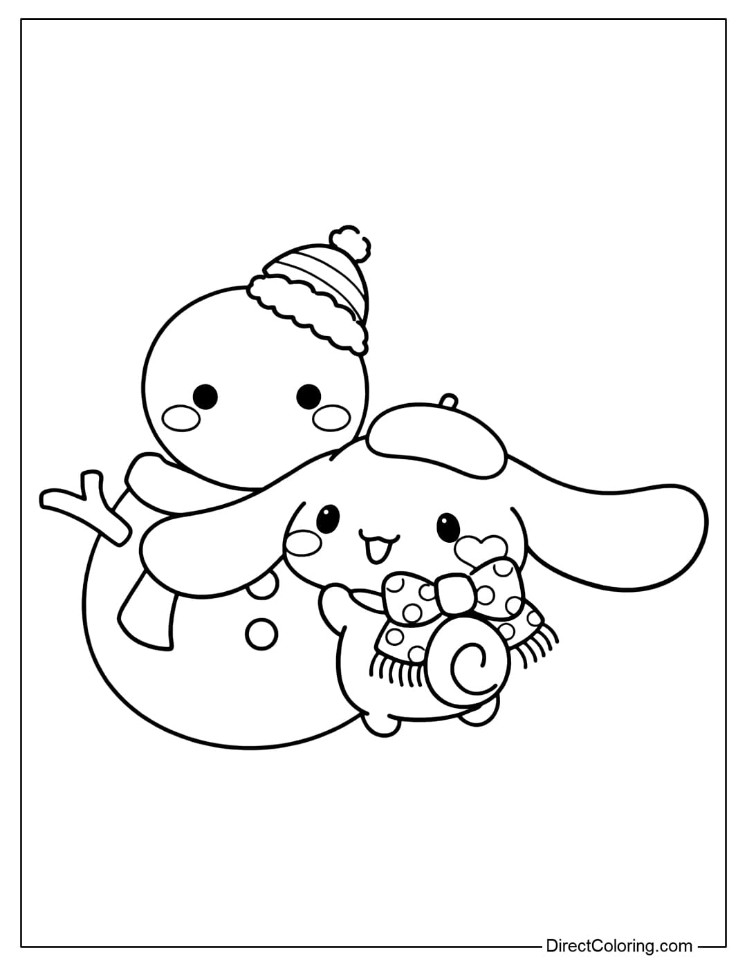 A coloring page with a Cinnamoroll hugging a cute snowman.